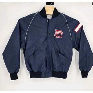 DeLong Varsity School Jacket Navy Blue Small Snap Button Vintage USA Sports Jock
